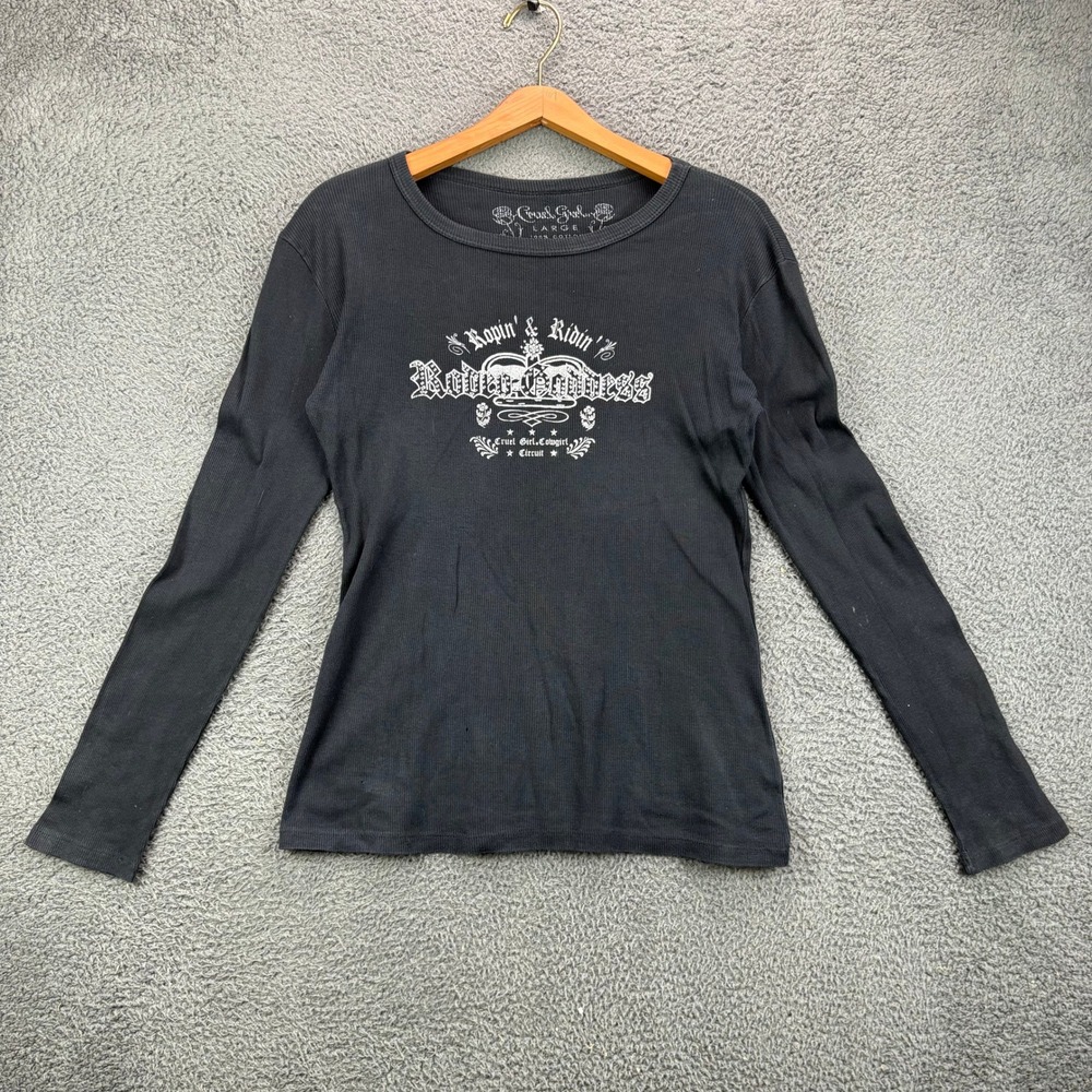 Cruel Girl Womens Large Black Ribbed Long‎ Sleeve Rodeo Goddess Graphic T-Shirt